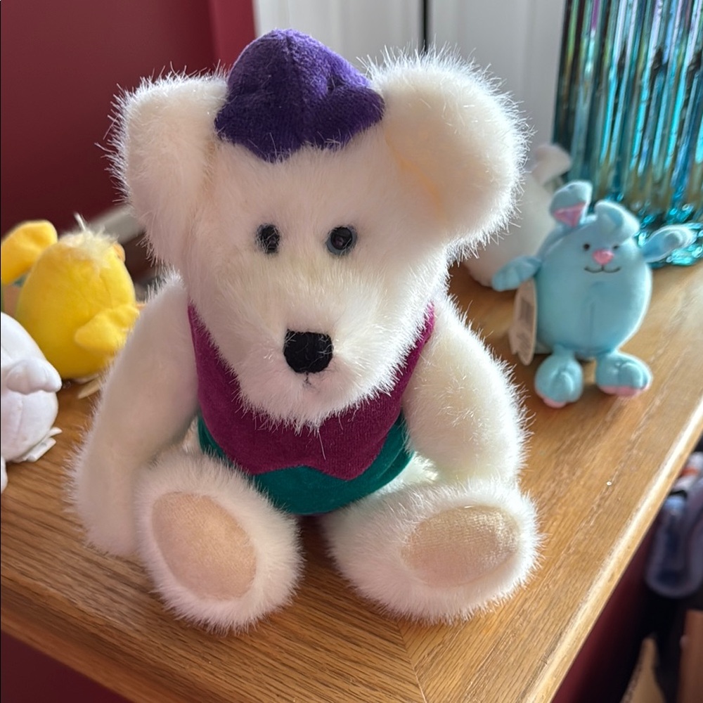 Boyds Bear White Plush Bear with Easter Egg Costume and Purple Hat